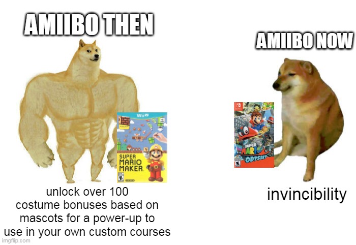 They used to be cool | AMIIBO NOW; AMIIBO THEN; unlock over 100 costume bonuses based on mascots for a power-up to use in your own custom courses; invincibility | image tagged in then vs now,super mario 64,amiibo,wii u,buff doge vs cheems | made w/ Imgflip meme maker