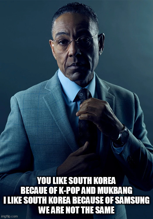 YOU LIKE SOUTH KOREA BECAUE OF K-POP AND MUKBANG
I LIKE SOUTH KOREA BECAUSE OF SAMSUNG
WE ARE NOT THE SAME | image tagged in memes,south korea | made w/ Imgflip meme maker