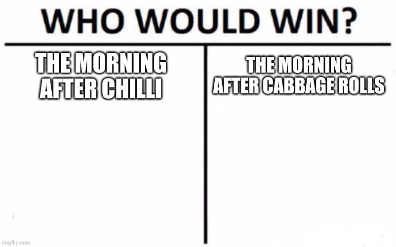 Who Would Win? | THE MORNING AFTER CHILLI; THE MORNING AFTER CABBAGE ROLLS | image tagged in memes,who would win | made w/ Imgflip meme maker