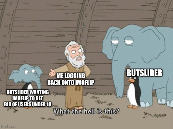 What the hell is this? | ME LOGGING BACK ONTO IMGFLIP; BUTSLIDER; BUTSLIDER WANTING IMGFLIP TO GET RID OF USERS UNDER 18 | image tagged in what the hell is this | made w/ Imgflip meme maker
