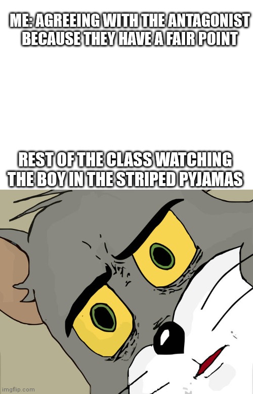 hehe | ME: AGREEING WITH THE ANTAGONIST BECAUSE THEY HAVE A FAIR POINT; REST OF THE CLASS WATCHING THE BOY IN THE STRIPED PYJAMAS | image tagged in blank white template,memes,unsettled tom | made w/ Imgflip meme maker