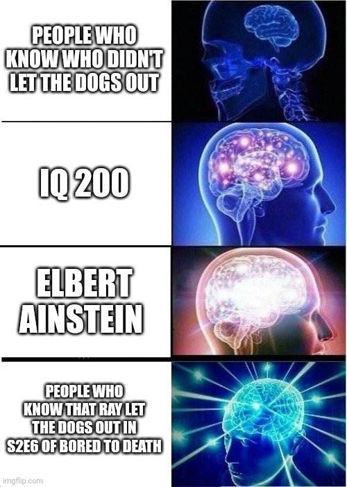 Expanding Brain | PEOPLE WHO KNOW WHO DIDN'T LET THE DOGS OUT; IQ 200; ELBERT AINSTEIN; PEOPLE WHO KNOW THAT RAY LET THE DOGS OUT IN S2E6 OF BORED TO DEATH | image tagged in memes,expanding brain | made w/ Imgflip meme maker