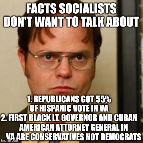 Dwight fact | FACTS SOCIALISTS DON'T WANT TO TALK ABOUT; 1. REPUBLICANS GOT 55% OF HISPANIC VOTE IN VA
2. FIRST BLACK LT. GOVERNOR AND CUBAN; AMERICAN ATTORNEY GENERAL IN VA ARE CONSERVATIVES NOT DEMOCRATS | image tagged in dwight fact | made w/ Imgflip meme maker