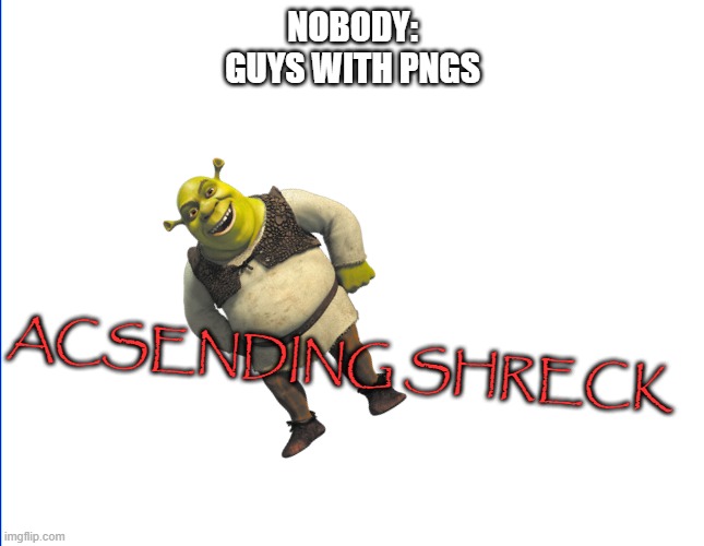 why did i make this | NOBODY:
GUYS WITH PNGS; ACSENDING SHRECK | image tagged in wite screen | made w/ Imgflip meme maker