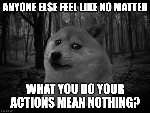 Very sad doge | ANYONE ELSE FEEL LIKE NO MATTER; WHAT YOU DO YOUR ACTIONS MEAN NOTHING? | image tagged in very sad doge | made w/ Imgflip meme maker