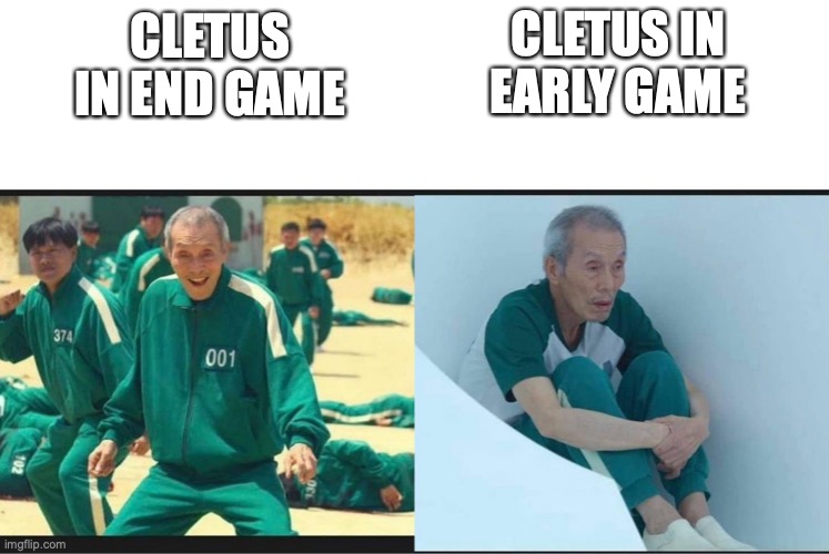 Roblox Bedwars Cletus be like: | CLETUS IN EARLY GAME; CLETUS IN END GAME | image tagged in squid game before after old man | made w/ Imgflip meme maker
