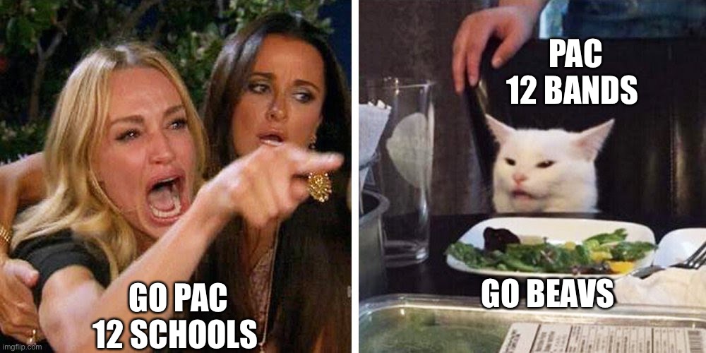 Go beavs | PAC 12 BANDS; GO BEAVS; GO PAC 12 SCHOOLS | image tagged in smudge the cat,college football | made w/ Imgflip meme maker