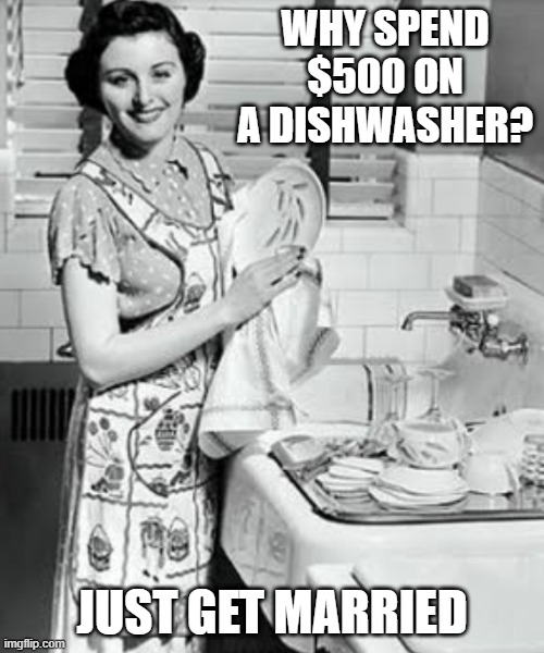I Bet This Was an Ad Back Then! | WHY SPEND $500 ON A DISHWASHER? JUST GET MARRIED | image tagged in washing dishes | made w/ Imgflip meme maker
