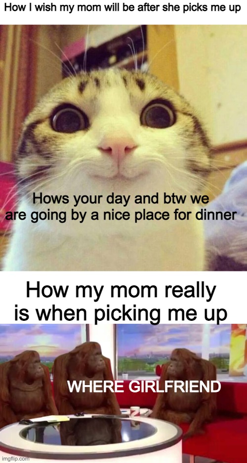relatable uh... | How I wish my mom will be after she picks me up; Hows your day and btw we are going by a nice place for dinner; How my mom really is when picking me up; WHERE GIRLFRIEND | image tagged in memes,smiling cat,blank transparent square,where monkey | made w/ Imgflip meme maker