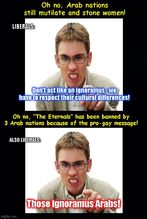 The Eternals of hypocrisy | Oh no, Arab nations still mutilate and stone women! LIBERALS:; Don't act like an ignoramus - we have to respect their cultural differences! Oh no, "The Eternals" has been banned by 3 Arab nations because of the pro-gay message! ALSO LIBERALS:; Those ignoramus Arabs! | image tagged in the eternals,banned,arab nations,misogyny,lgbtq,liberal logic | made w/ Imgflip meme maker