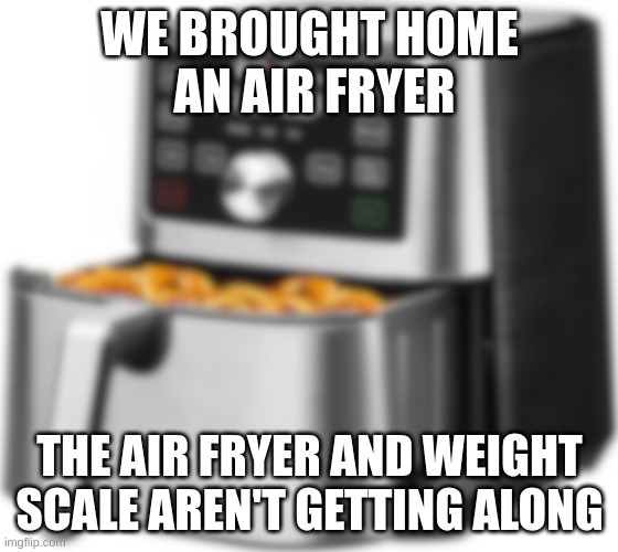 New Air Fryer | WE BROUGHT HOME
 AN AIR FRYER; THE AIR FRYER AND WEIGHT SCALE AREN'T GETTING ALONG | image tagged in eating,food,shame | made w/ Imgflip meme maker