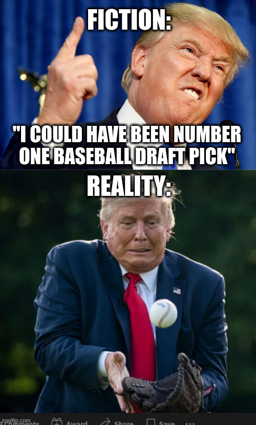 FICTION:; "I COULD HAVE BEEN NUMBER ONE BASEBALL DRAFT PICK"; REALITY: | image tagged in donald trump | made w/ Imgflip meme maker