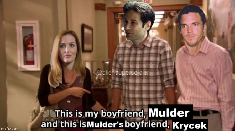 This is my boyfriend Mulder, and Mulder's boyfriend Krycek | image tagged in parks and rec,x-files,boyfriend | made w/ Imgflip meme maker
