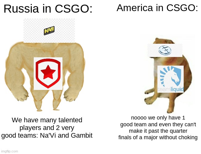 CSGO meme, If you know you know | Russia in CSGO:; America in CSGO:; We have many talented players and 2 very good teams: Na'Vi and Gambit; noooo we only have 1 good team and even they can't make it past the quarter finals of a major without choking | image tagged in memes,buff doge vs cheems,csgo | made w/ Imgflip meme maker