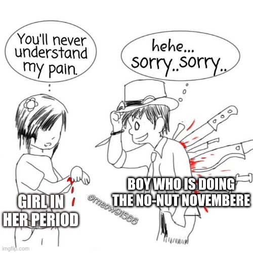 boy doing the no-nut novembere | BOY WHO IS DOING THE NO-NUT NOVEMBERE; GIRL IN HER PERIOD | image tagged in you'll never understand my pain,nnn,no nut november,boypain,period | made w/ Imgflip meme maker