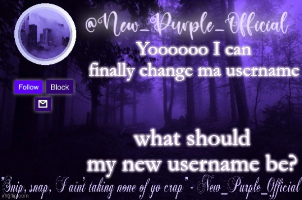 Purple's Announcement | Yoooooo I can finally change ma username; what should my new username be? | image tagged in purple's announcement | made w/ Imgflip meme maker