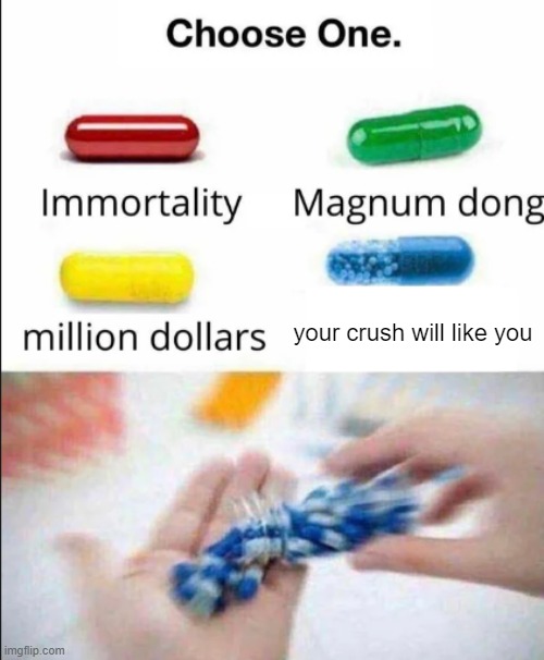 Choose one of the pills | your crush will like you | image tagged in choose one of the pills | made w/ Imgflip meme maker