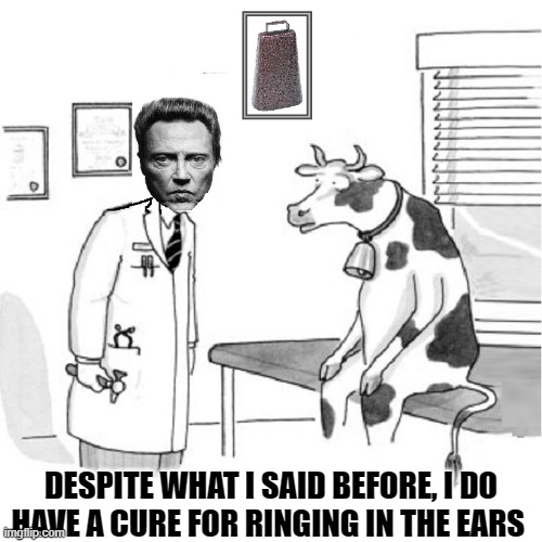 Christopher Walken: Country Doctor | DESPITE WHAT I SAID BEFORE, I DO
HAVE A CURE FOR RINGING IN THE EARS | image tagged in vince vance,more cowbell,ringing in the ears,memes,cows,christopher walken | made w/ Imgflip meme maker