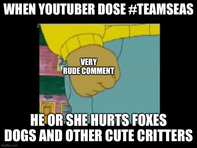 Authors fist | WHEN YOUTUBER DOSE #TEAMSEAS; VERY RUDE COMMENT; HE OR SHE HURTS FOXES DOGS AND OTHER CUTE CRITTERS | image tagged in authors fist | made w/ Imgflip meme maker