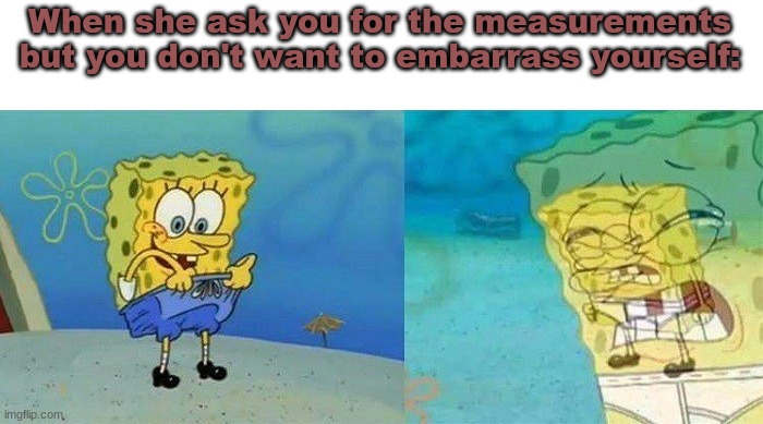  When she ask you for the measurements but you don't want to embarrass yourself: | image tagged in spongebob i need it | made w/ Imgflip meme maker
