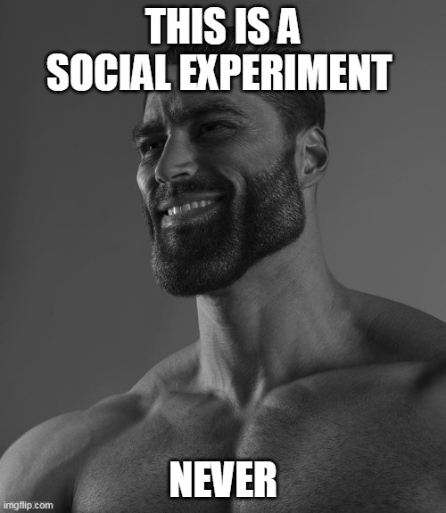Giga Chad | THIS IS A SOCIAL EXPERIMENT; NEVER | image tagged in giga chad | made w/ Imgflip meme maker