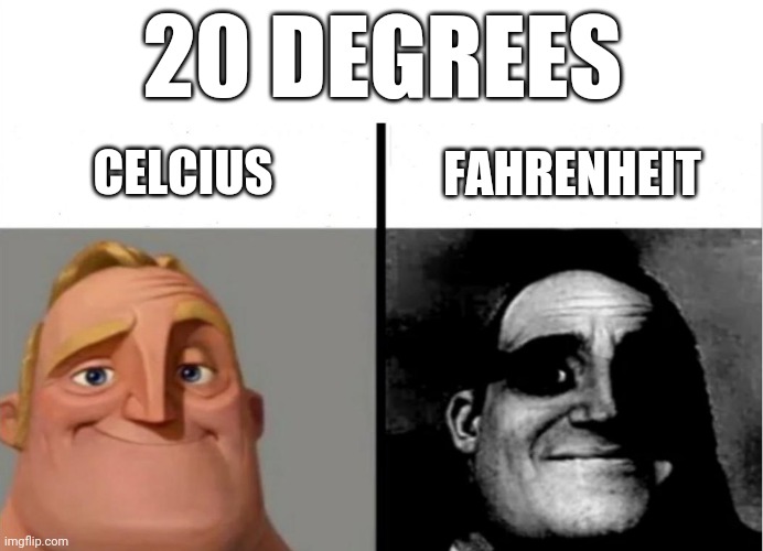 Temperature systems be like: | 20 DEGREES; CELCIUS; FAHRENHEIT | image tagged in memes,traumatized mr incredible | made w/ Imgflip meme maker