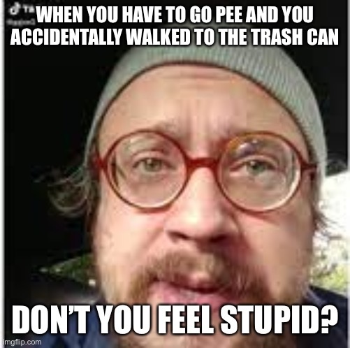 Don't you feel stupid? | WHEN YOU HAVE TO GO PEE AND YOU ACCIDENTALLY WALKED TO THE TRASH CAN; DON’T YOU FEEL STUPID? | image tagged in don't you feel stupid | made w/ Imgflip meme maker