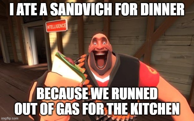 Sandvich fixes everything | I ATE A SANDVICH FOR DINNER; BECAUSE WE RUNNED OUT OF GAS FOR THE KITCHEN | image tagged in sandvich fixes everything | made w/ Imgflip meme maker