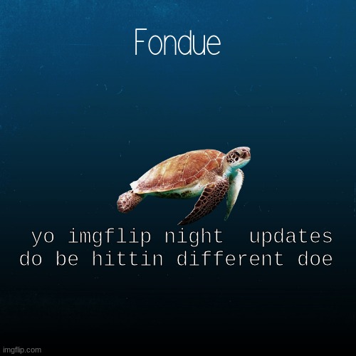 lets hope one day we get to full pick a pfp lol | yo imgflip night  updates do be hittin different doe | image tagged in turtle template-fondue | made w/ Imgflip meme maker