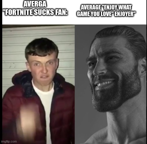 You should let others play what they enjoy. | AVERGA "FORTNITE SUCKS FAN:; AVERAGE "ENJOY WHAT GAME YOU LOVE" ENJOYER" | image tagged in chad | made w/ Imgflip meme maker
