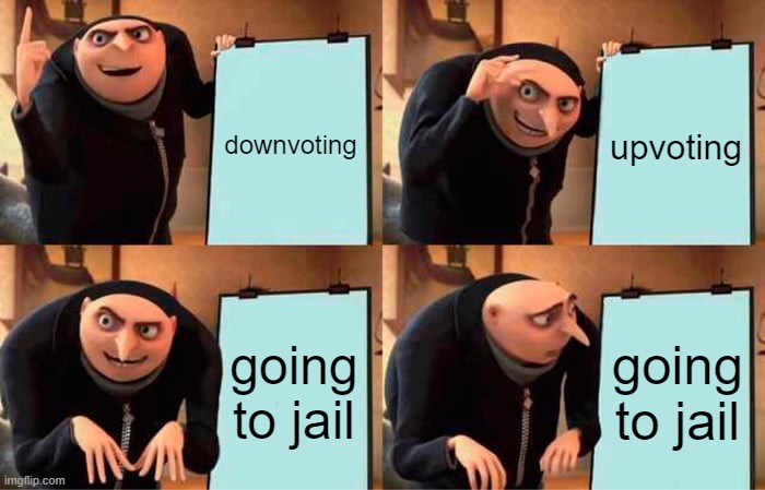 WHY DOES IUPVOTEYOURMEMES PUT YOU TO JAIL?! | downvoting; upvoting; going to jail; going to jail | image tagged in memes,gru's plan | made w/ Imgflip meme maker
