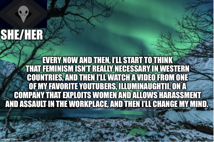 Northern Lights Termcollector Template | EVERY NOW AND THEN, I’LL START TO THINK THAT FEMINISM ISN’T REALLY NECESSARY IN WESTERN COUNTRIES, AND THEN I’LL WATCH A VIDEO FROM ONE OF MY FAVORITE YOUTUBERS, ILLUMINAUGHTII, ON A COMPANY THAT EXPLOITS WOMEN AND ALLOWS HARASSMENT AND ASSAULT IN THE WORKPLACE, AND THEN I’LL CHANGE MY MIND. | image tagged in northern lights termcollector template | made w/ Imgflip meme maker