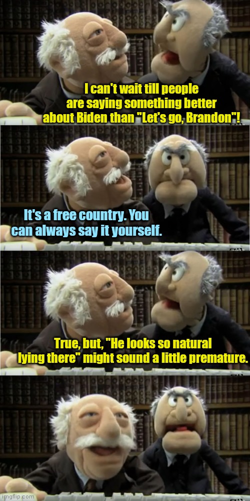 When saying "Let's Go, Brandon" just isn't enough anymore | I can't wait till people are saying something better about Biden than "Let's go, Brandon"! It's a free country. You can always say it yourself. True, but, "He looks so natural lying there" might sound a little premature. | image tagged in statler and waldorf at the computer,joe biden,lets go brandon,political humor | made w/ Imgflip meme maker