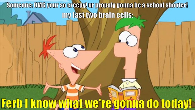 When that one person gives me an idea: | Someone: OMG your so creepy! ur propaly gonna be a school shooter! my last two brain cells:; Ferb I know what we're gonna do today! | image tagged in why are you reading this,top 10 questions science still can't answer | made w/ Imgflip meme maker
