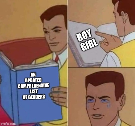 Peter Parker Reading Book & Crying | BOY 
GIRL; AN UPDATED COMPREHENSIVE LIST OF GENDERS | image tagged in peter parker reading book crying | made w/ Imgflip meme maker