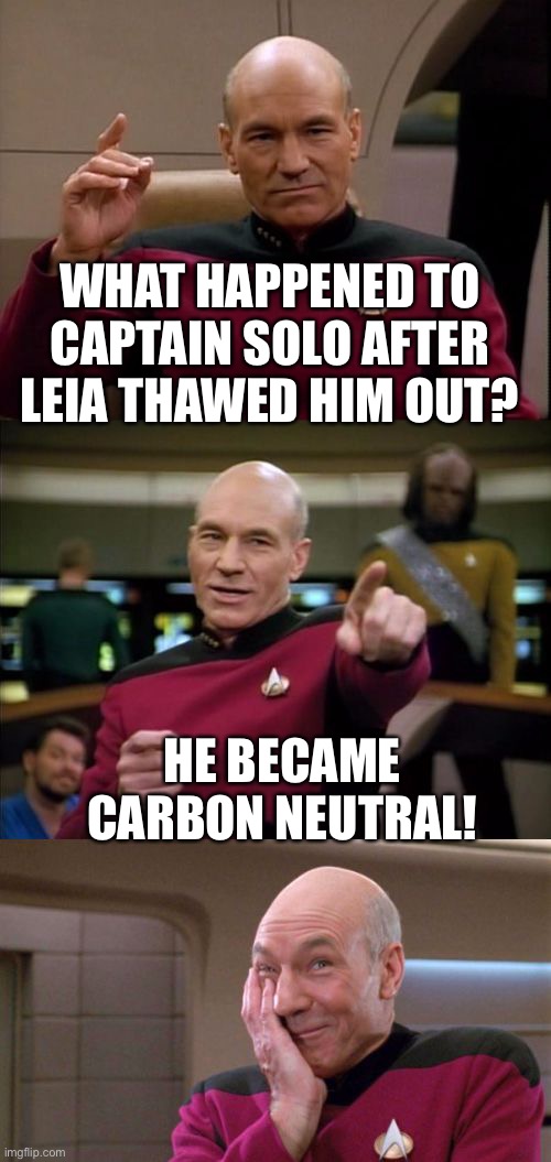 Bad Pun Picard | WHAT HAPPENED TO CAPTAIN SOLO AFTER LEIA THAWED HIM OUT? HE BECAME CARBON NEUTRAL! | image tagged in bad pun picard,star trek,star wars | made w/ Imgflip meme maker