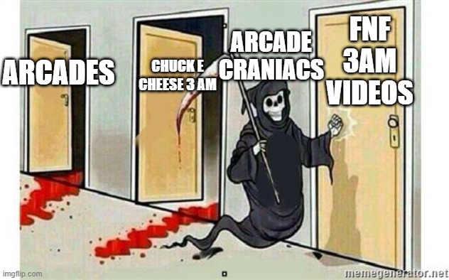 arcade craniacs | FNF 3AM VIDEOS; ARCADE CRANIACS; ARCADES; CHUCK E CHEESE 3 AM | image tagged in grim reaper knocking door | made w/ Imgflip meme maker