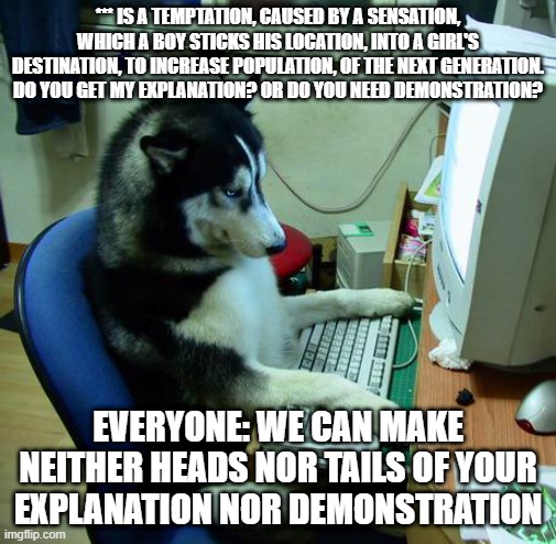 No idea | *** IS A TEMPTATION, CAUSED BY A SENSATION, WHICH A BOY STICKS HIS LOCATION, INTO A GIRL'S DESTINATION, TO INCREASE POPULATION, OF THE NEXT GENERATION. DO YOU GET MY EXPLANATION? OR DO YOU NEED DEMONSTRATION? EVERYONE: WE CAN MAKE NEITHER HEADS NOR TAILS OF YOUR EXPLANATION NOR DEMONSTRATION | image tagged in memes,i have no idea what i am doing | made w/ Imgflip meme maker