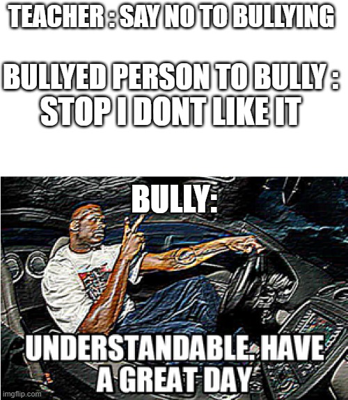 UNDERSTANDABLE, HAVE A GREAT DAY | TEACHER : SAY NO TO BULLYING; BULLYED PERSON TO BULLY :; STOP I DONT LIKE IT; BULLY: | image tagged in understandable have a great day | made w/ Imgflip meme maker