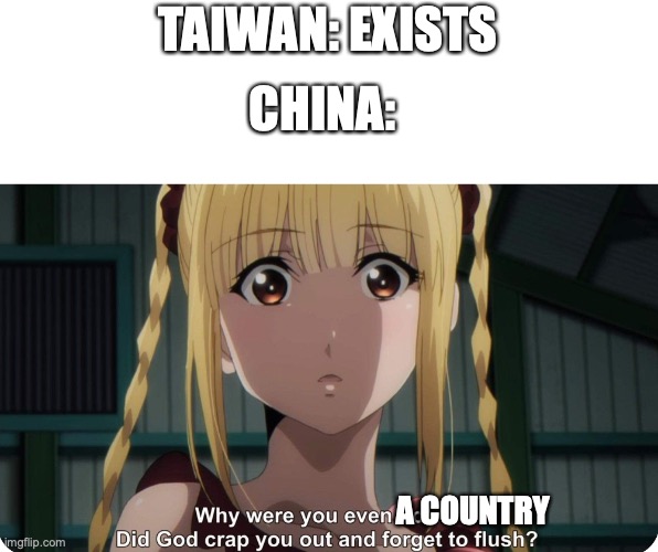 Oof! | TAIWAN: EXISTS; CHINA:; A COUNTRY | image tagged in shuka why were you even born,why | made w/ Imgflip meme maker