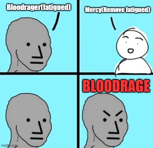 Angry npc wojak | Bloodrager(fatigued); Mercy(Remove fatigued); BLOODRAGE | image tagged in angry npc wojak | made w/ Imgflip meme maker
