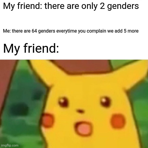 Surprised Pikachu Meme | My friend: there are only 2 genders; Me: there are 64 genders everytime you complain we add 5 more; My friend: | image tagged in memes,surprised pikachu | made w/ Imgflip meme maker