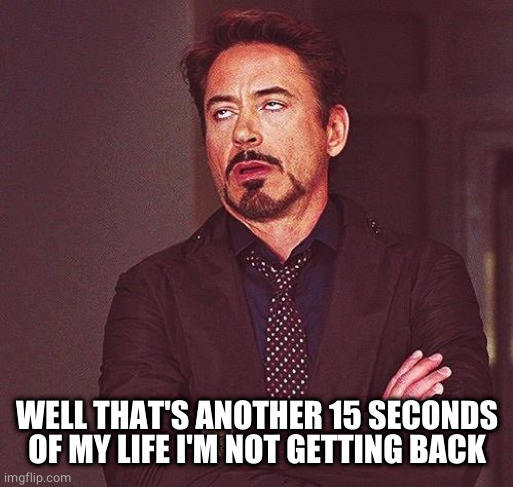 Robert Downey Jr Annoyed | WELL THAT'S ANOTHER 15 SECONDS OF MY LIFE I'M NOT GETTING BACK | image tagged in robert downey jr annoyed | made w/ Imgflip meme maker