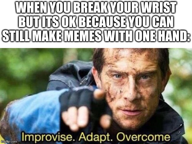 owie | WHEN YOU BREAK YOUR WRIST BUT ITS OK BECAUSE YOU CAN STILL MAKE MEMES WITH ONE HAND: | image tagged in improvise adapt overcome | made w/ Imgflip meme maker