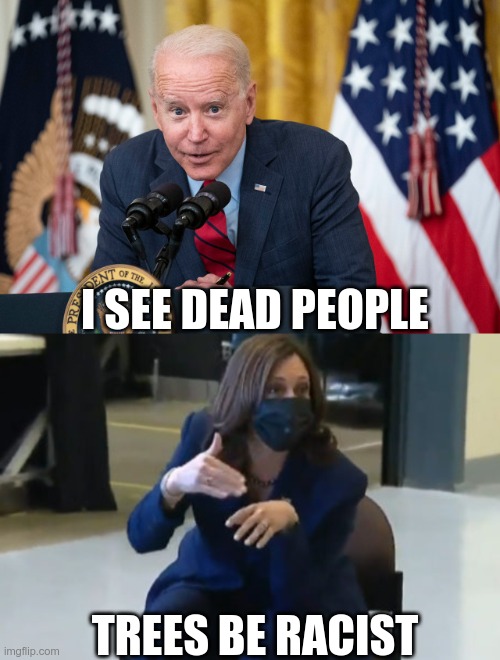 America's In Good Hands | I SEE DEAD PEOPLE; TREES BE RACIST | image tagged in biden whisper,kamala harris,end times | made w/ Imgflip meme maker