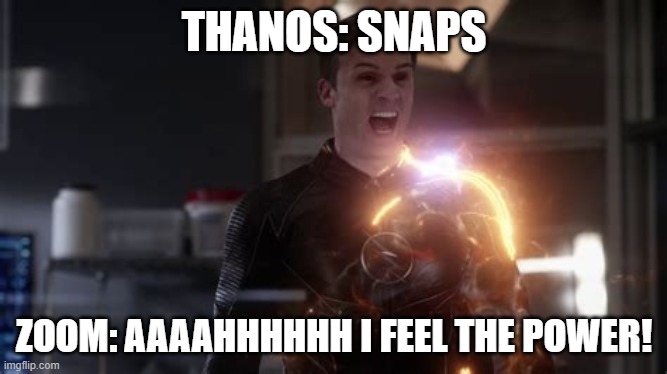 DC+Marvel | THANOS: SNAPS; ZOOM: AAAAHHHHHH I FEEL THE POWER! | image tagged in marvel,thanos snap,the flash,zoom | made w/ Imgflip meme maker