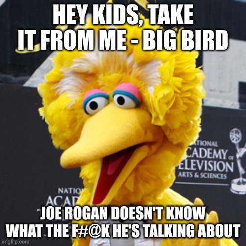The Bird Is The Word | HEY KIDS, TAKE IT FROM ME - BIG BIRD; JOE ROGAN DOESN'T KNOW WHAT THE F#@K HE'S TALKING ABOUT | image tagged in big bird,joe rogan,covid-19,ivermectin | made w/ Imgflip meme maker