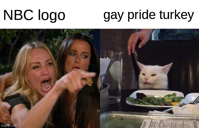 Has anyone ever called it that? |  NBC logo; gay pride turkey | image tagged in memes,woman yelling at cat,nbc,logo,gay pride,so yeah | made w/ Imgflip meme maker