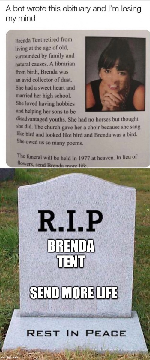 BRENDA TENT; SEND MORE LIFE | image tagged in rip headstone,repost | made w/ Imgflip meme maker