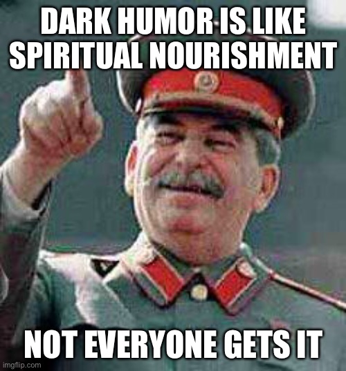Stalin says | DARK HUMOR IS LIKE SPIRITUAL NOURISHMENT NOT EVERYONE GETS IT | image tagged in stalin says | made w/ Imgflip meme maker
